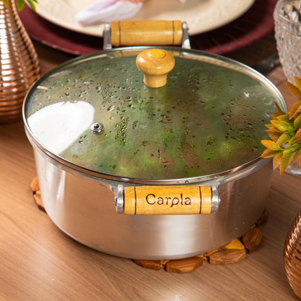 Jogo 5 Panelas Usinadas Alça Madeira Tampa Vidro