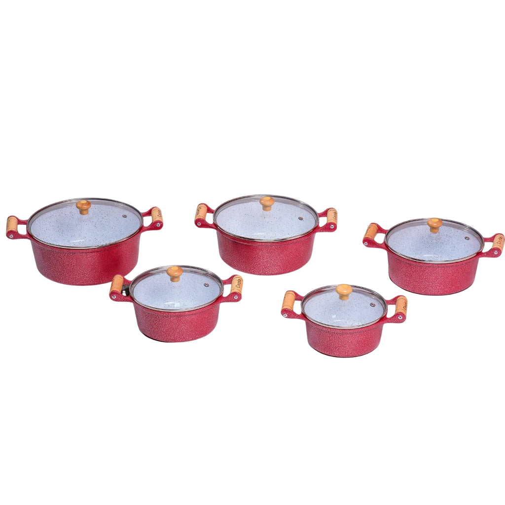 Jogo 5 Panelas Premium Usinadas Revestimento em Cerâmica Craqueadas Alça Madeira Tampa de Vidro
