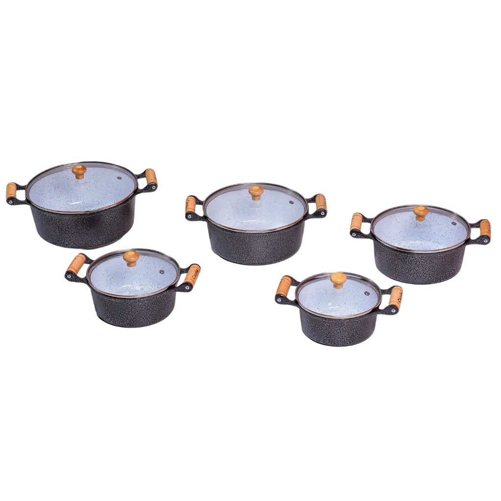 Jogo 5 Panelas Premium Usinadas Revestimento em Cerâmica Craqueadas Alça Madeira Tampa de Vidro